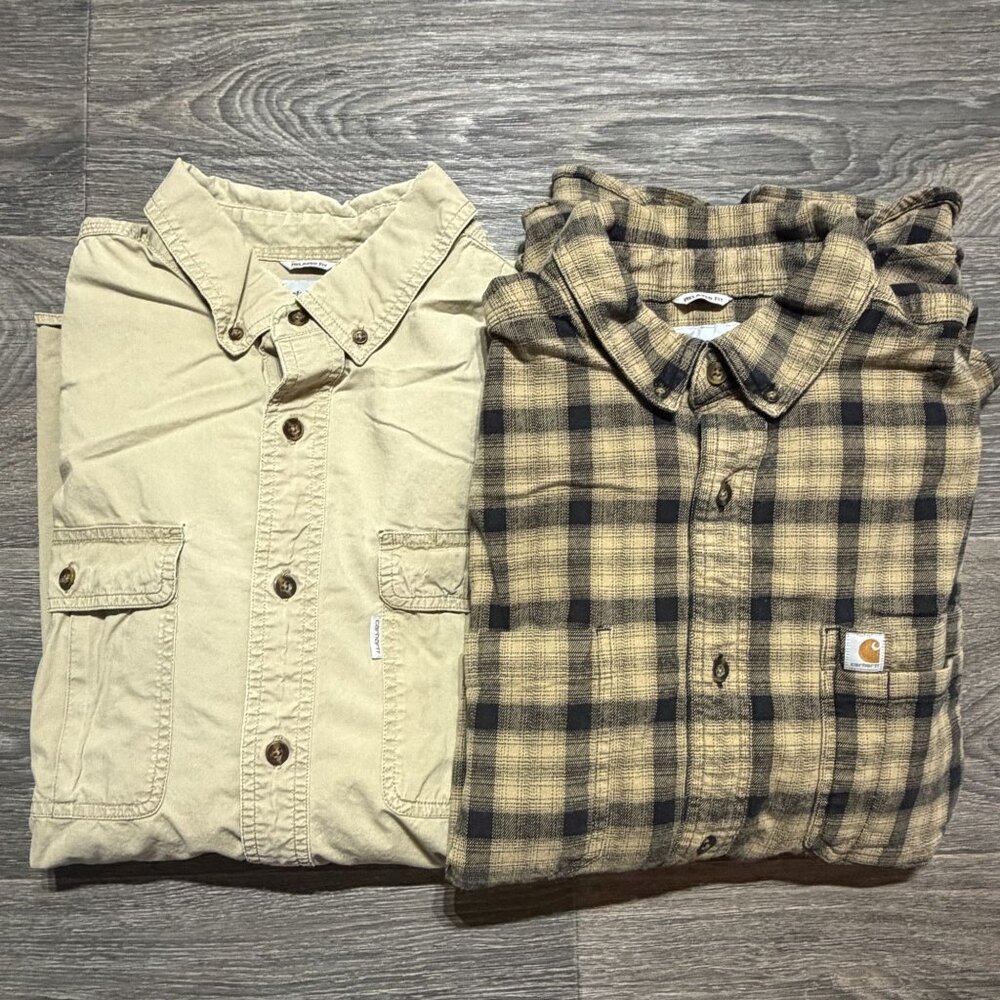 Carhartt Bundle XL Long Sleeve Button Down Shirts Brown Plaid Workwear Khaki